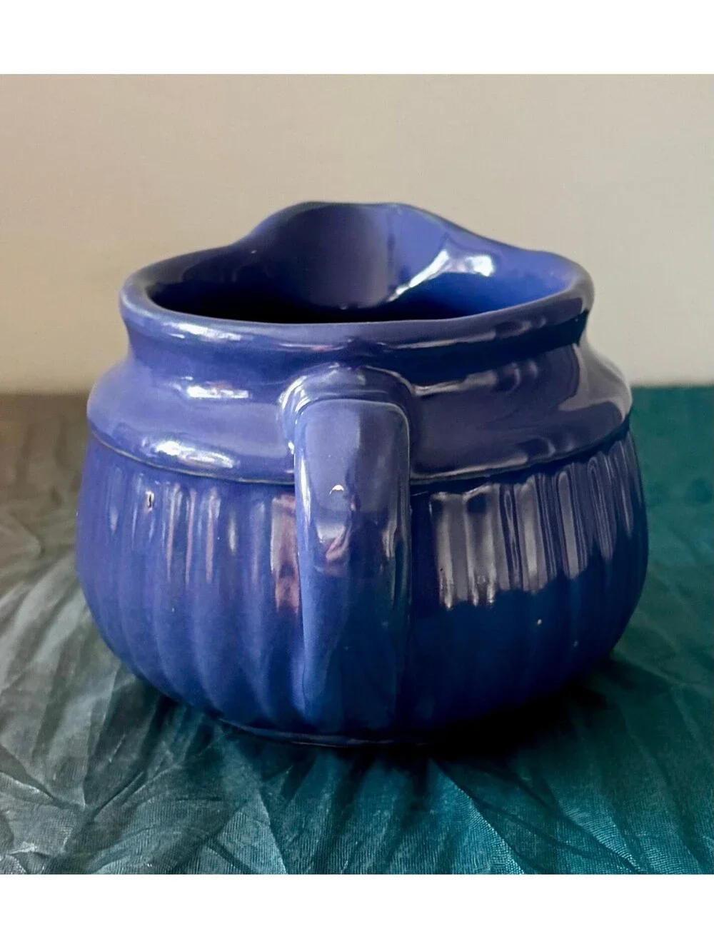 Vintage Cobalt Blue Pottery Creamer Pitcher Ribbed Ceramic Farmhouse